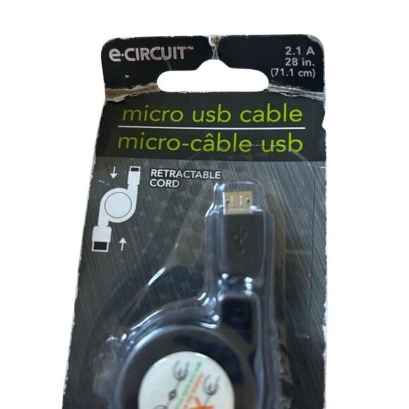 e-circuit 2.1 A 28” Micro USB Retractable Cord Cable *New* - Picture 2 of 4